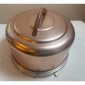 Vintage Metal Cake Carrier Copper Tone Dome w/ Wood Handle Locking Base Mid Cent